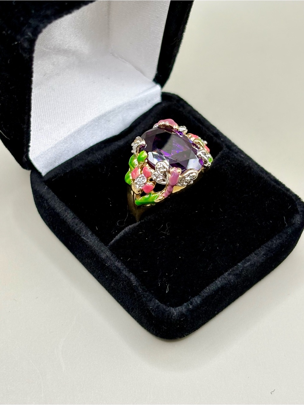 Kirks Folly Purple Center Floral Enamel Ring with Pink & Green Accents